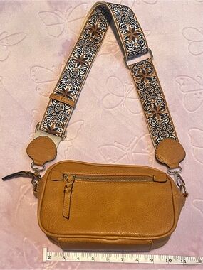 Women's Tan Leather Crossbody Bag with Embroidered Strap